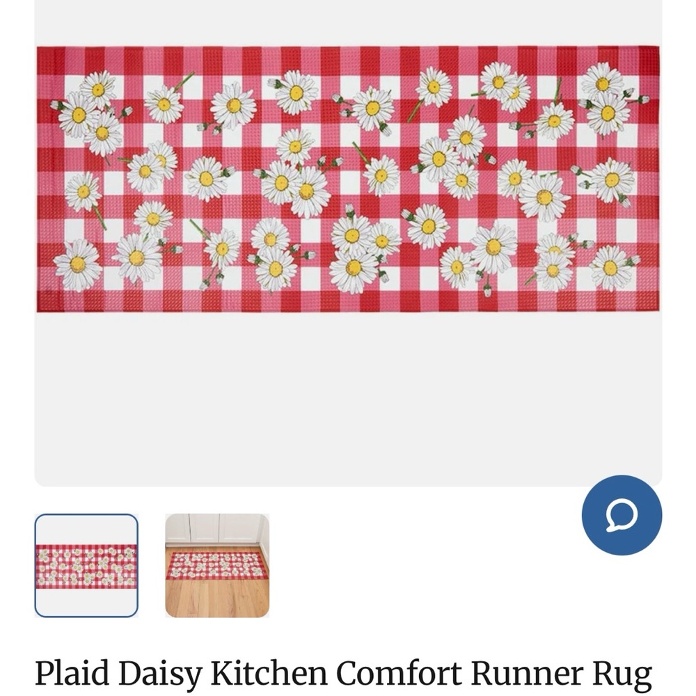 NEW Kitchen Runner Rug Red Pink Plaid Daisy Comfort Foam 20”x48” Cottage Garden